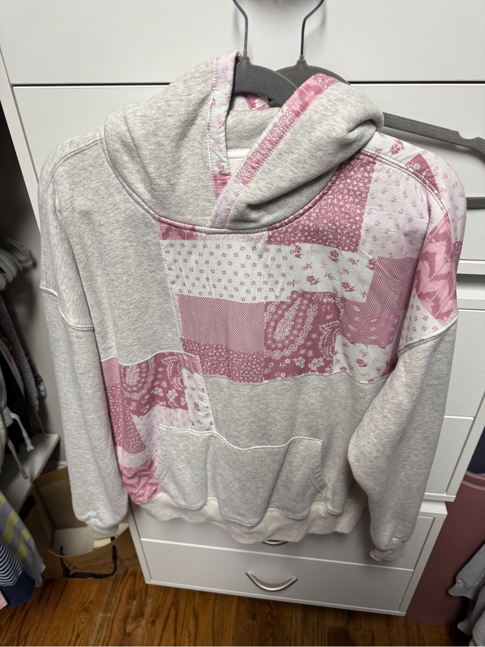 Abercrombie & Fitch Heather Gray Hoodie with Dusty Rose Patchwork